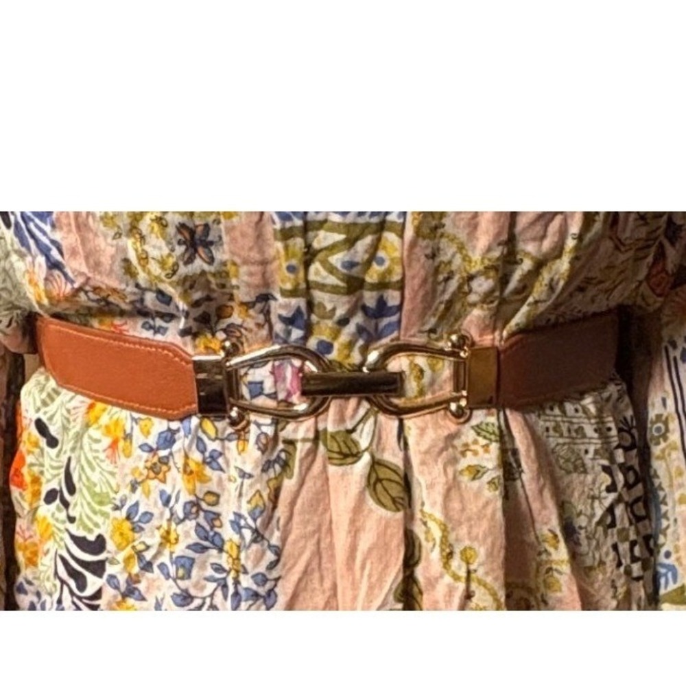 Gold Tone Waist Belt Women's S Brown Good Elastic Gold Horsebit Buckle Cinch